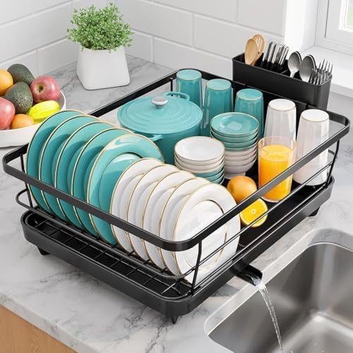 Sakugi Stainless Steel Dish Drying Rack with Drainboard, 15.6" x 12", Black