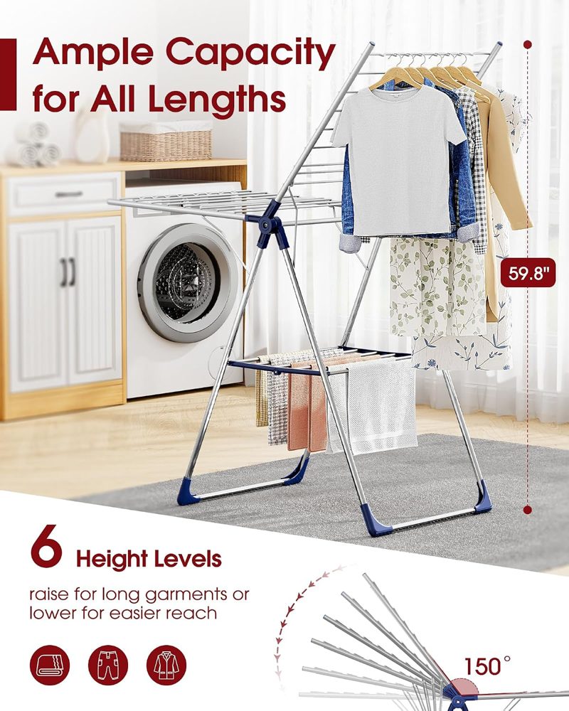 Sakugi Wing Clothes Drying Rack, 55.5" Adjustable Wings, Foldable — view 3